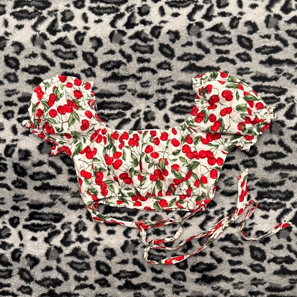 Cider Tops - Cider Cherry-Print Puff Sleeve Crop Top